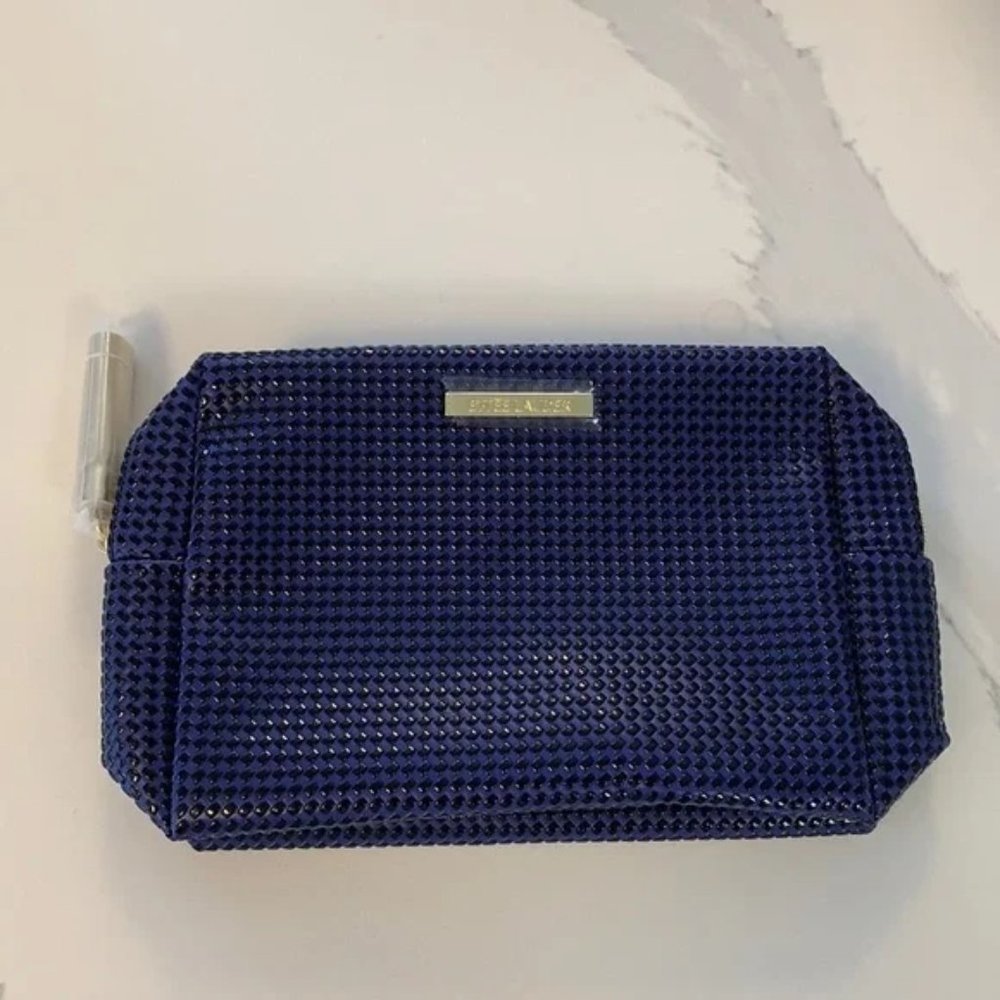 ESTEE LAUDER navy blue medium size cosmetic bag travel pouch w/gold detail 9"x6"